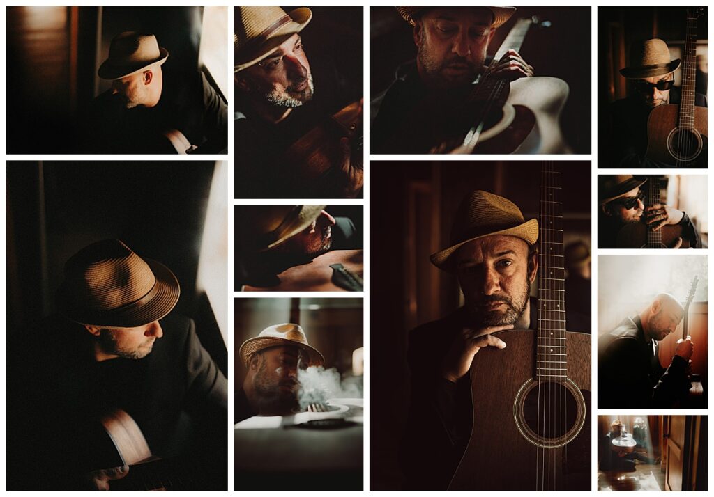 Collage of photos in studio with guitar and smoke